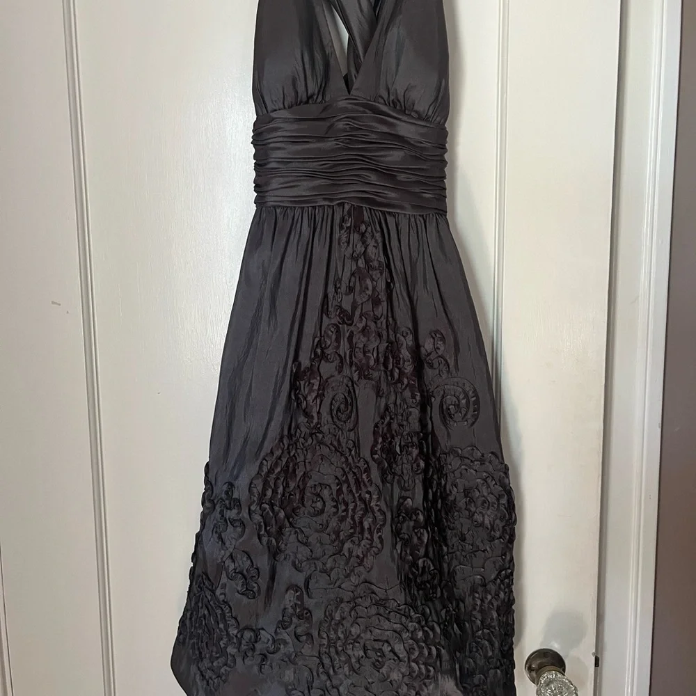 Papell Boutique Brown Satin Embroidered Midi Dress - Picture 2 of 3